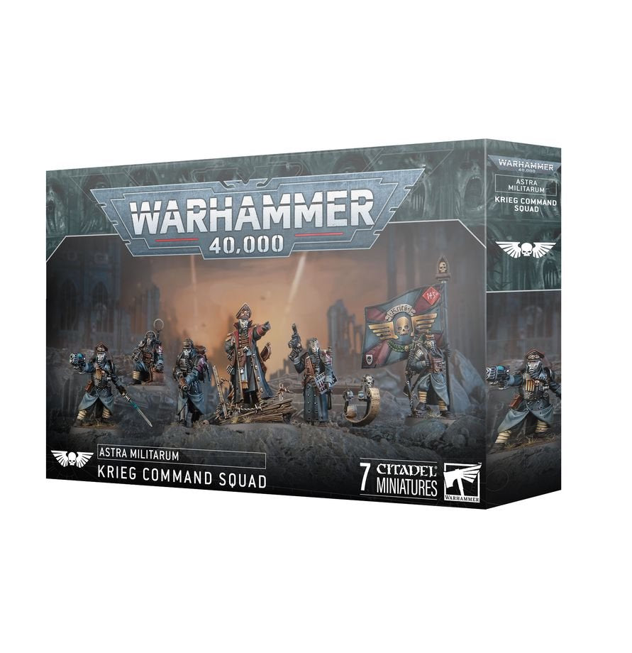 Warhammer 40K Astra Militarum Krieg Command Squad Miniatures Kit – Lord Commissar & Veteran Krieg Guardsmen – 7 Plastic Figures with Custom Weapon Options for Warhammer 40,000