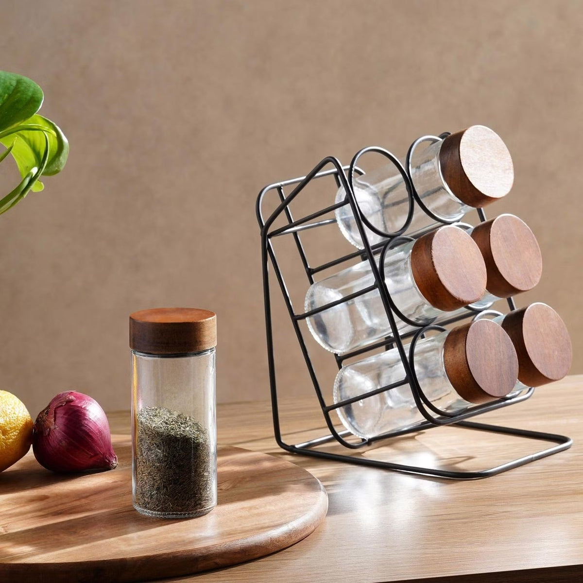 Spice Jar Set with Slanted Wooden Stand and Airtight Lids, 6-Piece