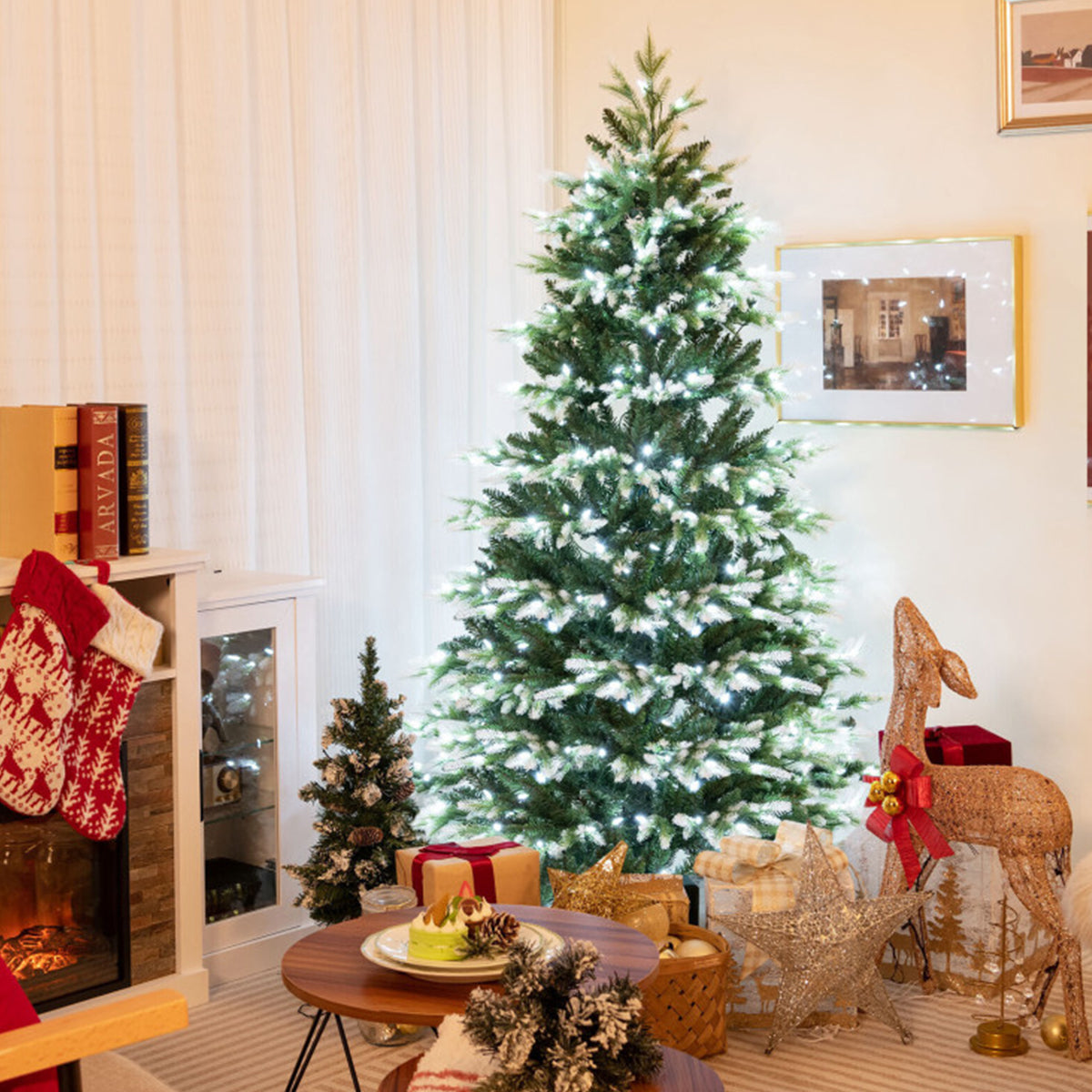 Snowy Tipped Pre-Lit Hinged Christmas Tree with Remote Control