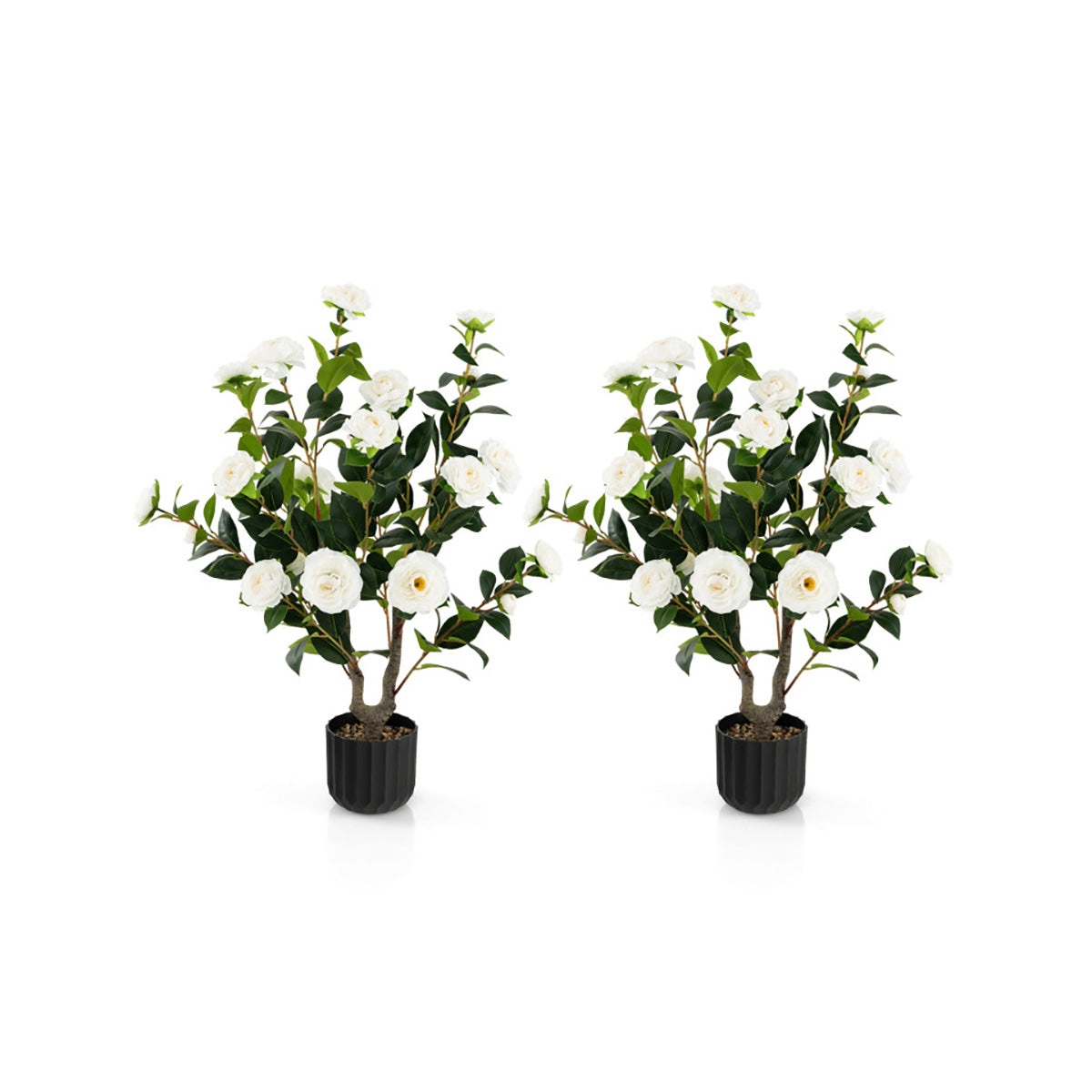 38'' Artificial Camellia Flower Trees with Cement Pot (Set of 2)
