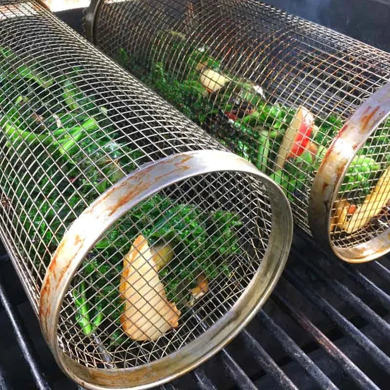 Rotating Grill Basket with Secure Latch and Stainless Steel Mesh, Dishwasher Safe