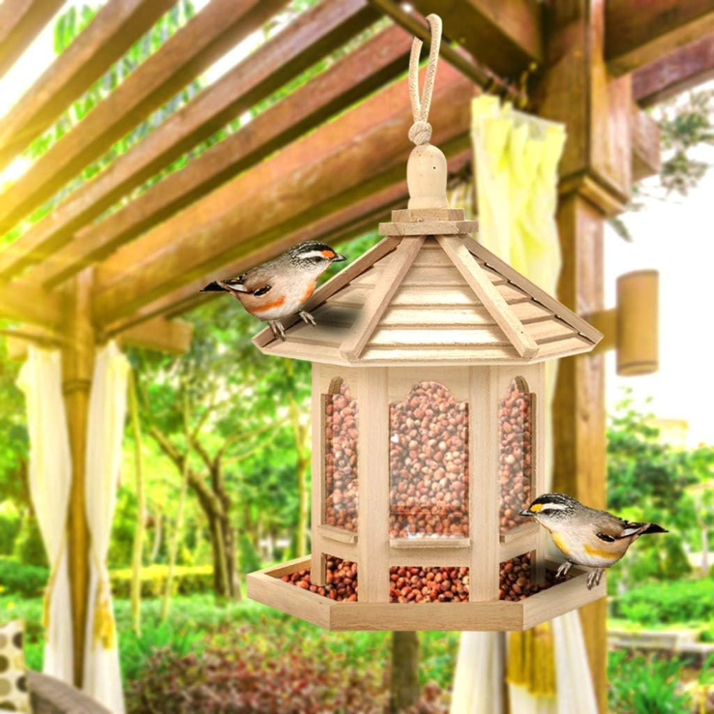 Wooden Bird Feeder with Transparent Acrylic Panel and Protective Roof