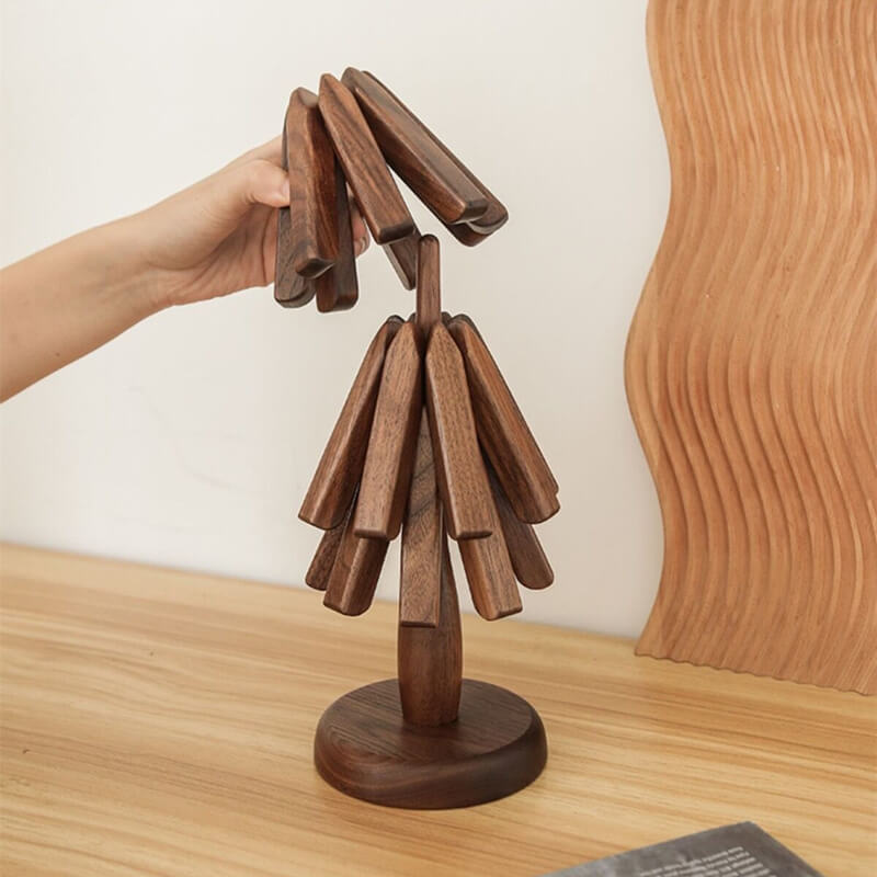 Walnut Table Mat with Heat-Resistant Thick Base and Stackable Tree Design, Oiled Finish