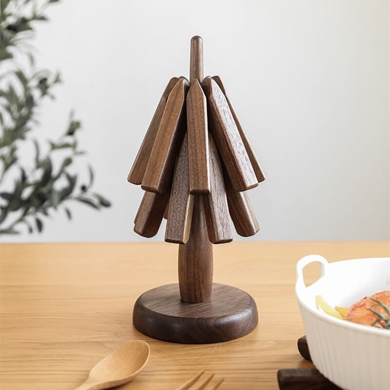 Walnut Table Mat with Heat-Resistant Thick Base and Stackable Tree Design, Oiled Finish