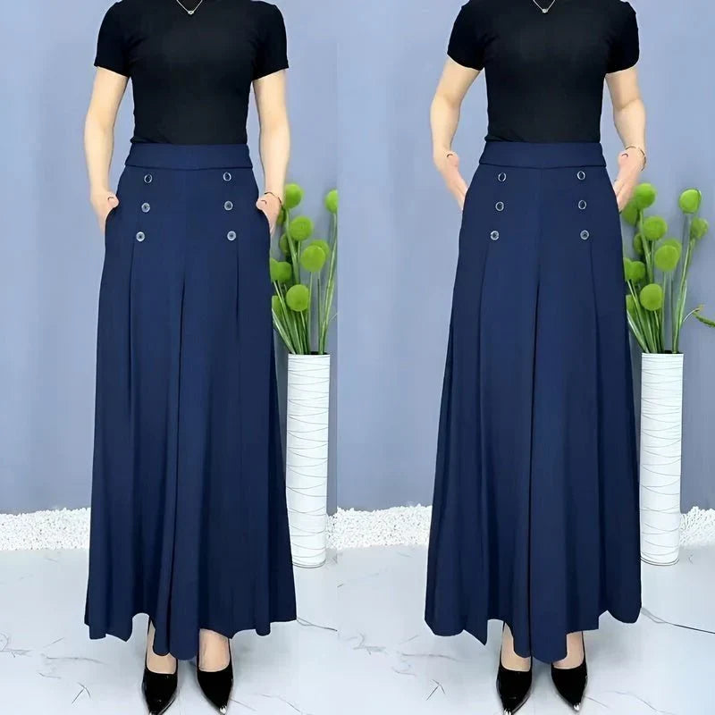 Wide Leg Pants with Pleated Front and Elastic Waistband, Wrinkle Resistant Cotton Blend