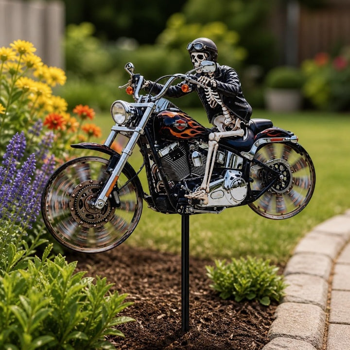 Skeleton Motorcycle Wind Spinner with Ground Stake for Gardens