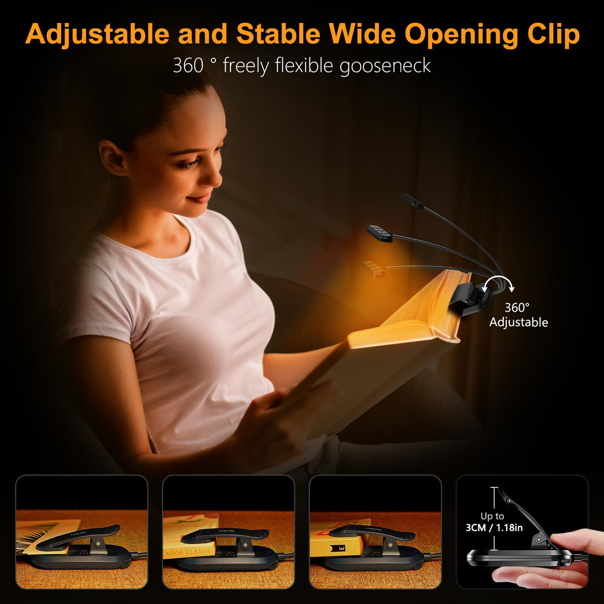 Rechargeable Book Light with Wide Horizontal Head and 360 Degree Flexible Neck, USB-C