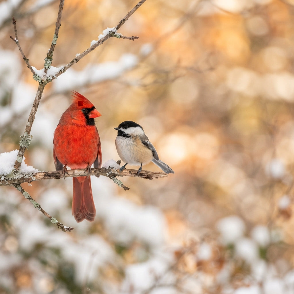 A northern cardinal and a chickadee perched on a bare branch in winter light