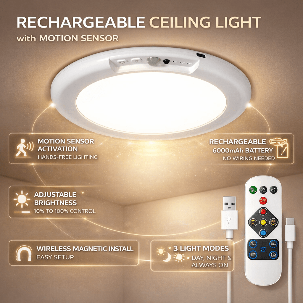 Rechargeable Motion Sensor Ceiling Light with Remote Control and Three Color Temperatures