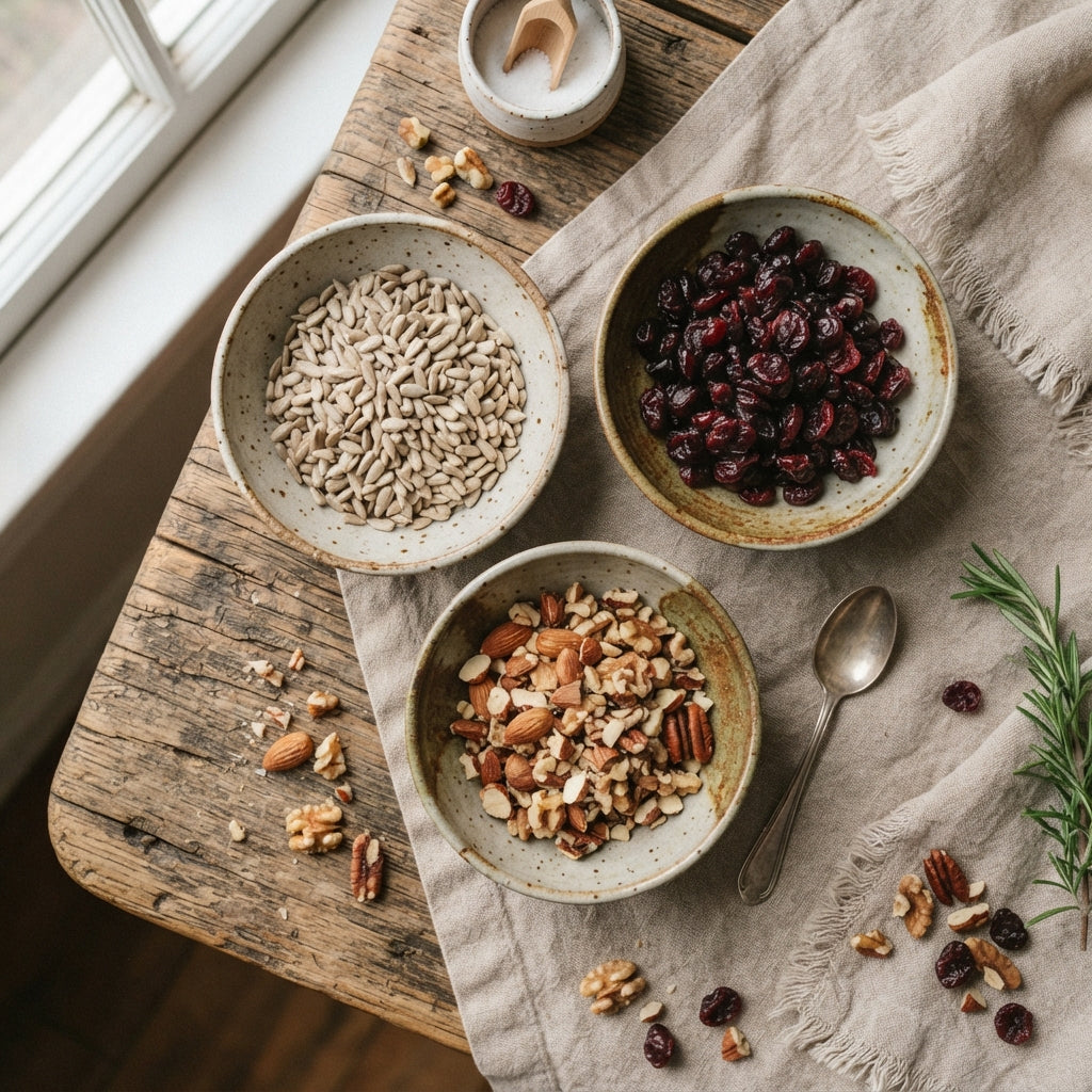 Shallow ceramic bowls of sunflower hearts, nuts and dried berries on weathered oak