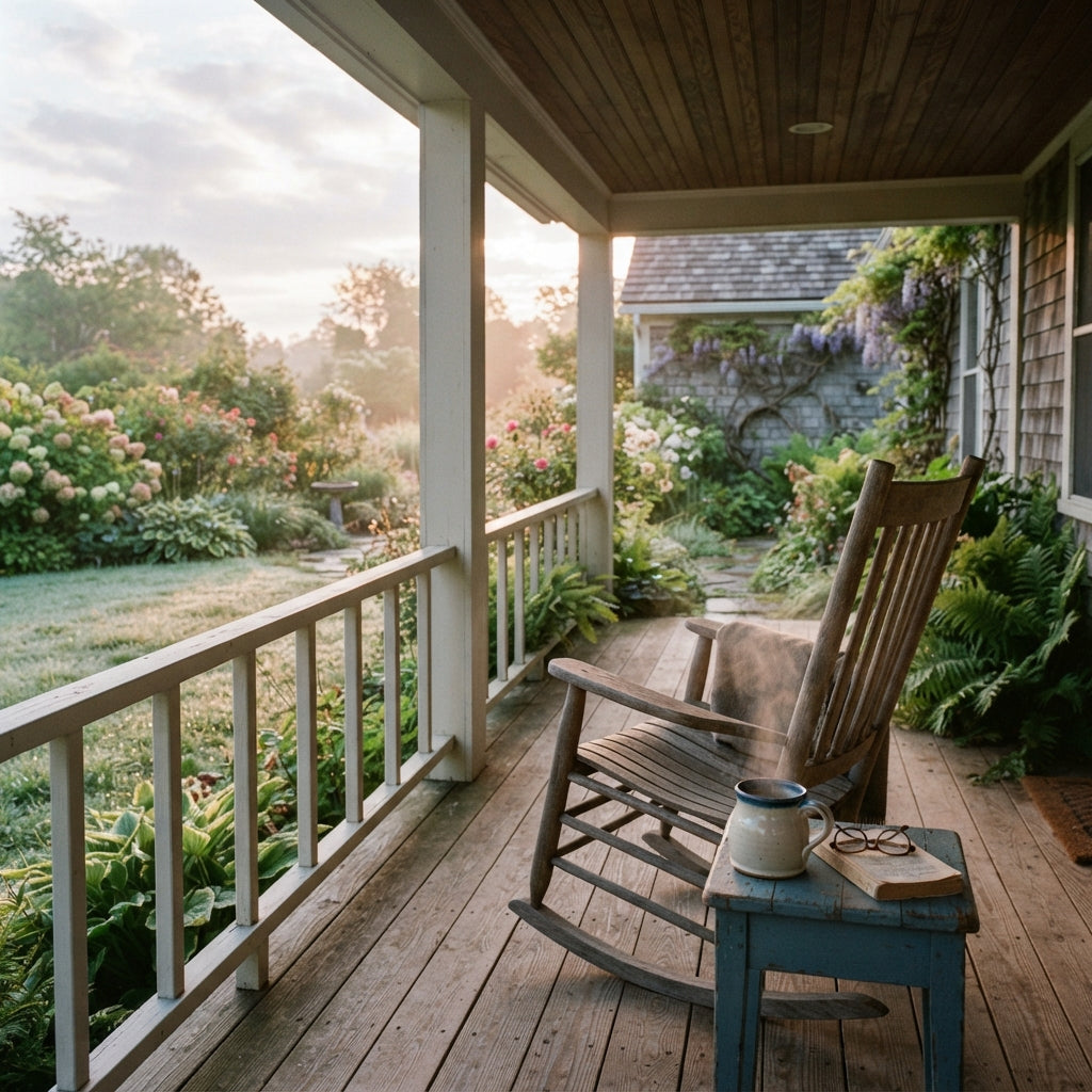A ceramic mug of coffee steaming on a porch table overlooking a garden