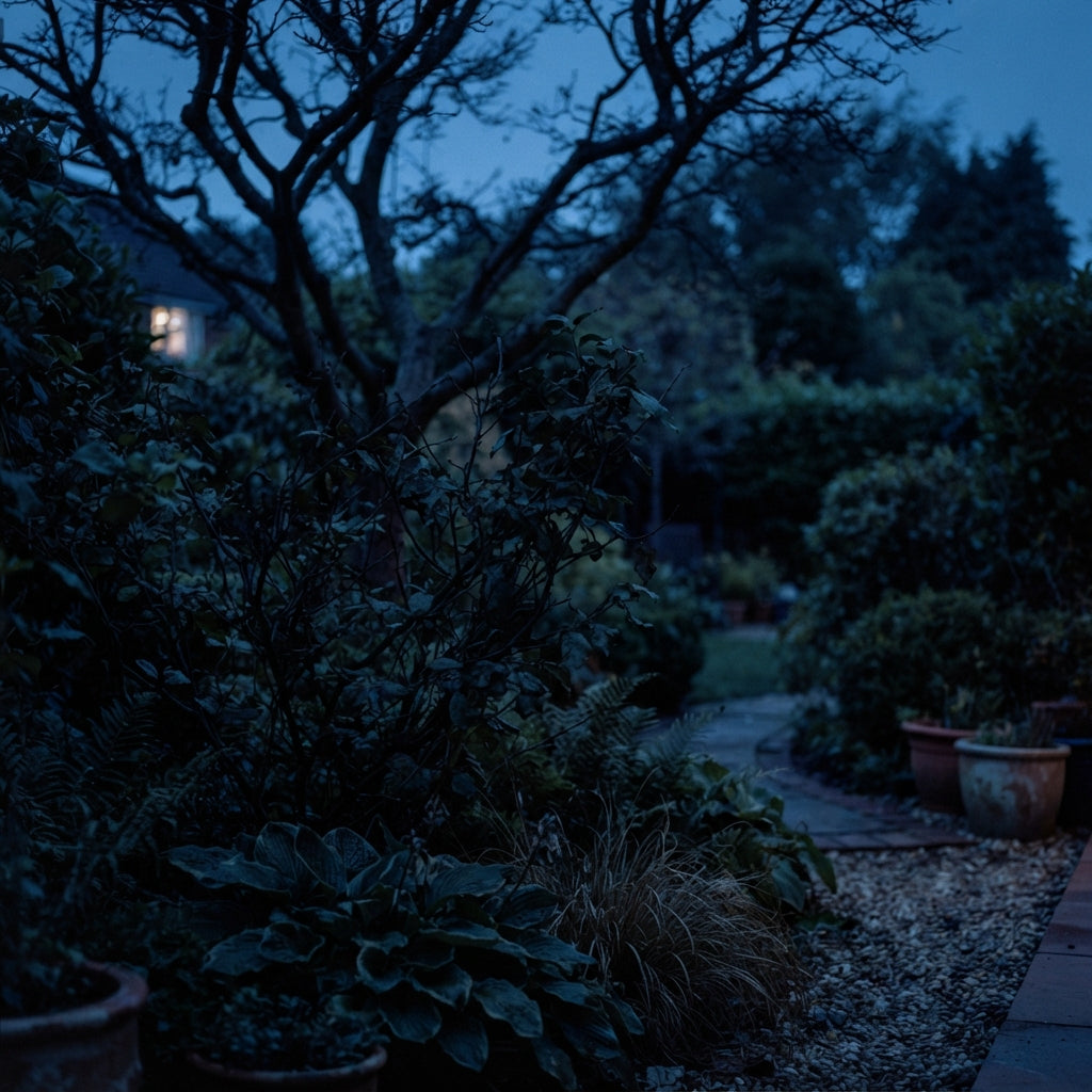 A garden at dusk with silhouetted branches against a deep blue sky