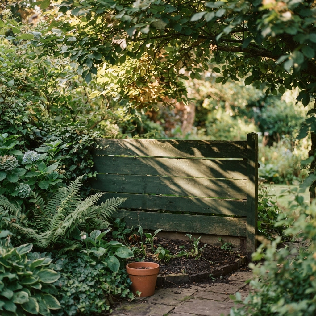 A garden fence in dappled light with sunlit patches and deep shade