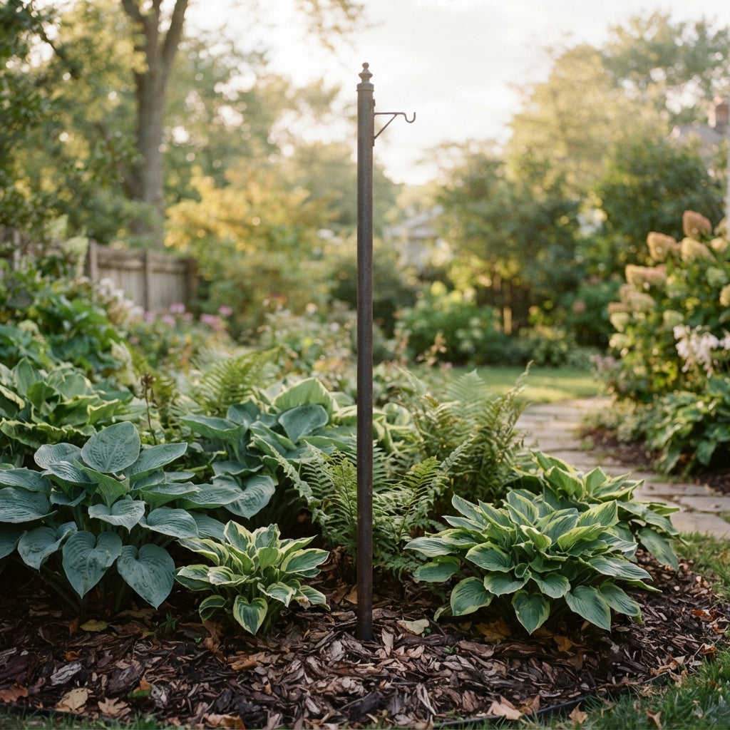 A bird feeder pole standing in a mulched garden bed with hostas and ferns