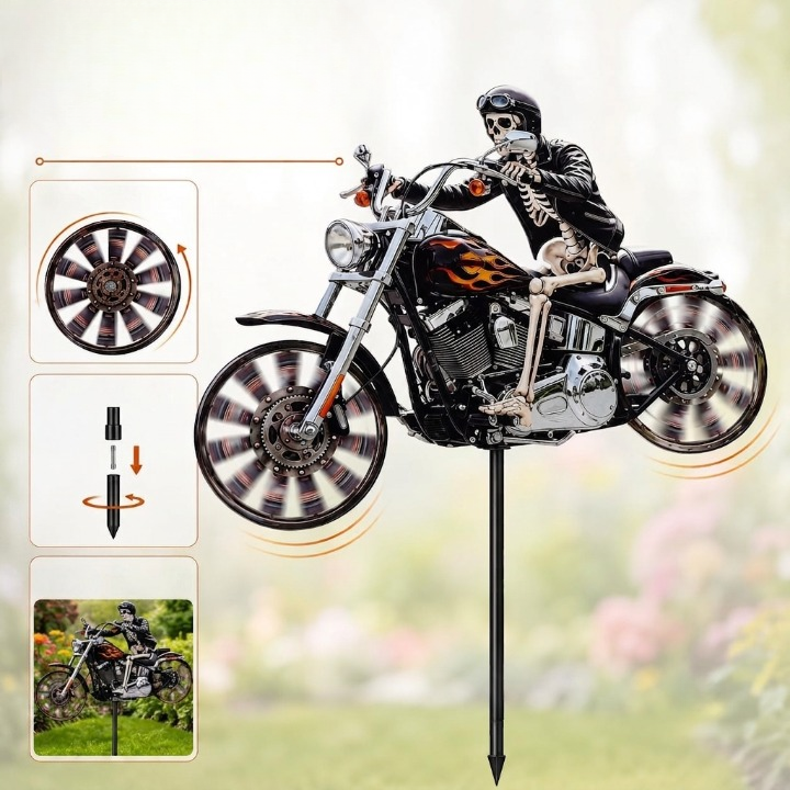 Skeleton Motorcycle Wind Spinner with Ground Stake for Gardens