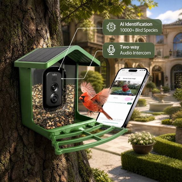 Smart Bird Feeder with Camera, 4K Solar Powered, AI Bird ID, No Subscription — Perchmont