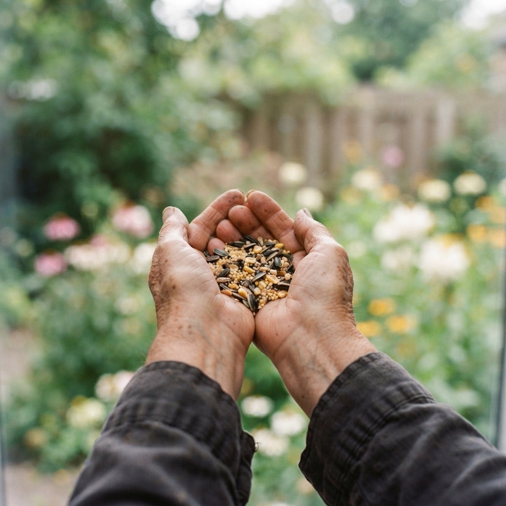 Weathered hands holding a small handful of birdseed in a soft-focus garden