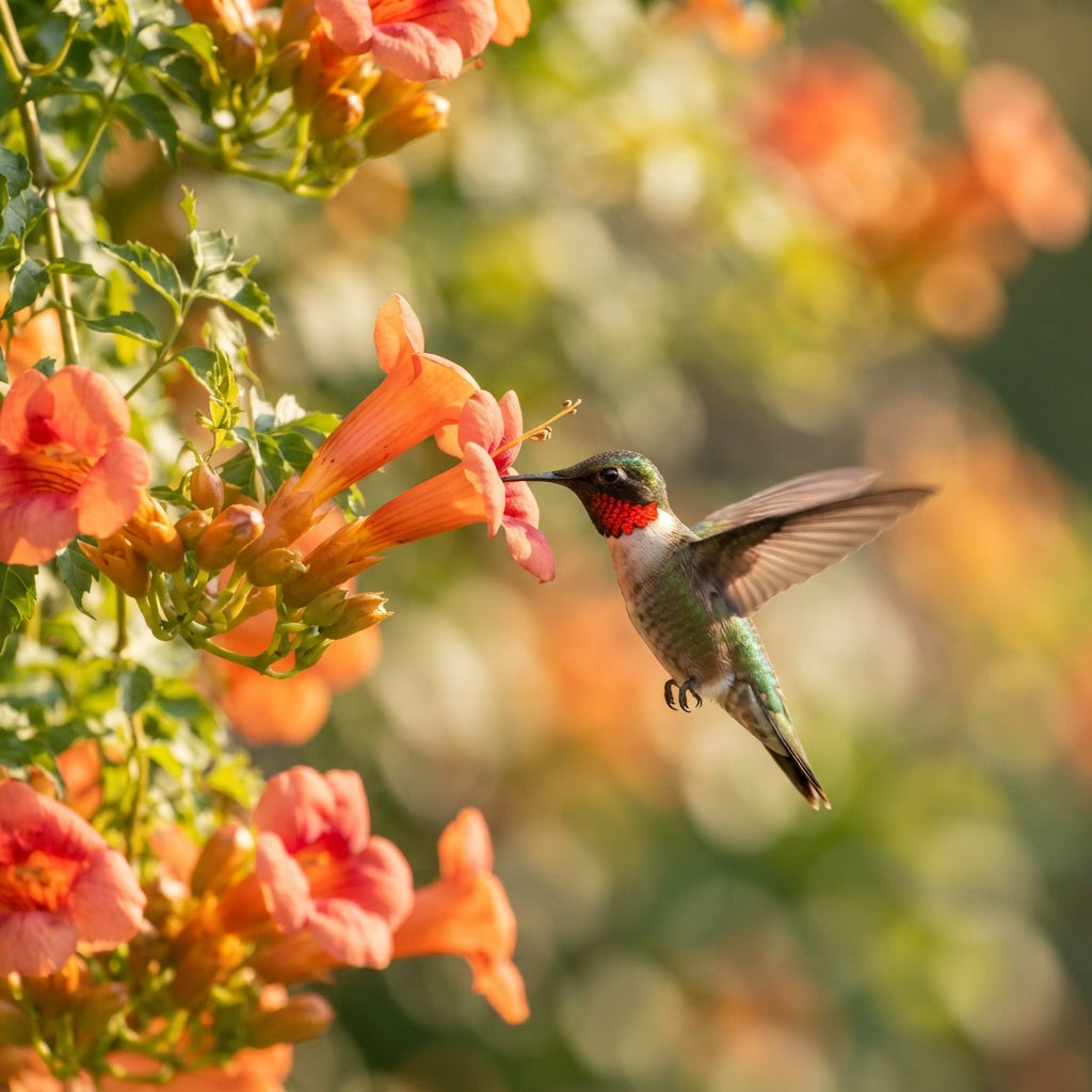 A ruby-throated hummingbird feeding, wings blurred against green bokeh
