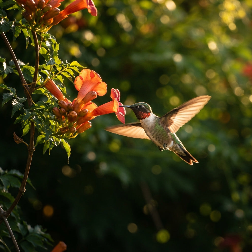 A hummingbird hovering beside a flowering trumpet vine with wings blurred