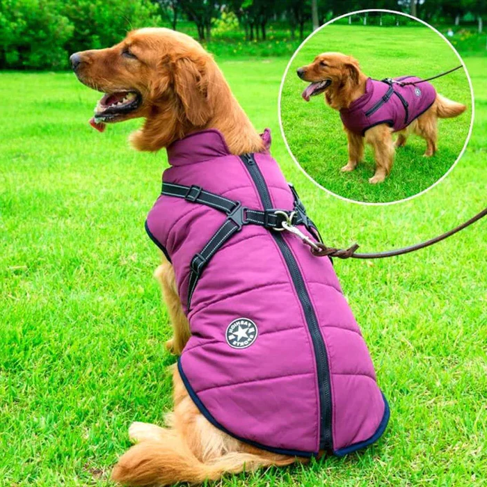 Waterproof Winter Dog Jacket Sherpa Fleece Lined Built-In Harness