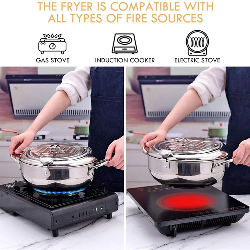 Stainless Steel Tempura Pan with Built-in Thermometer for Even Frying