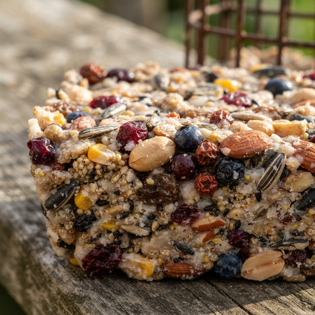 Close macro of suet cake texture showing pressed seeds, nuts and dried berries