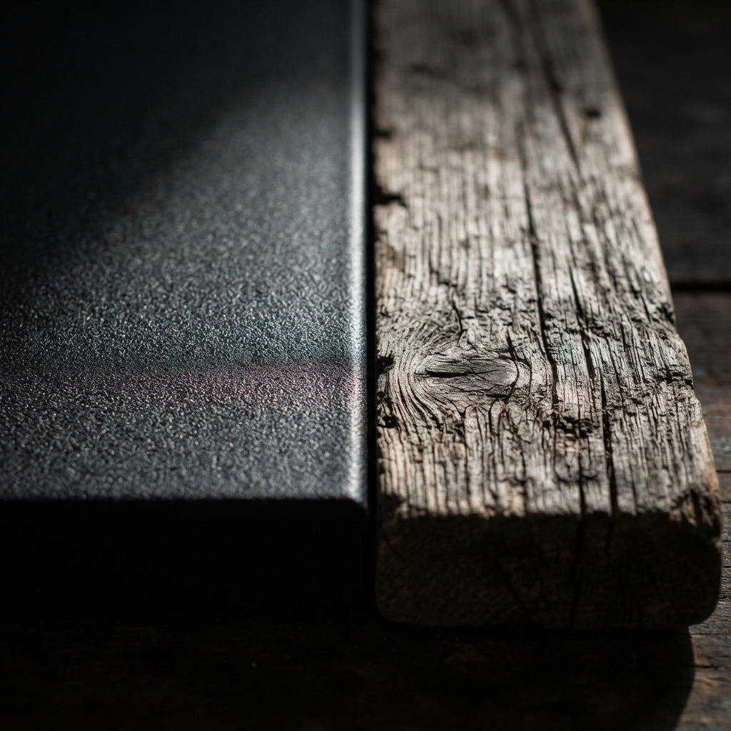 Macro texture study of powder-coated black metal beside weathered oak grain