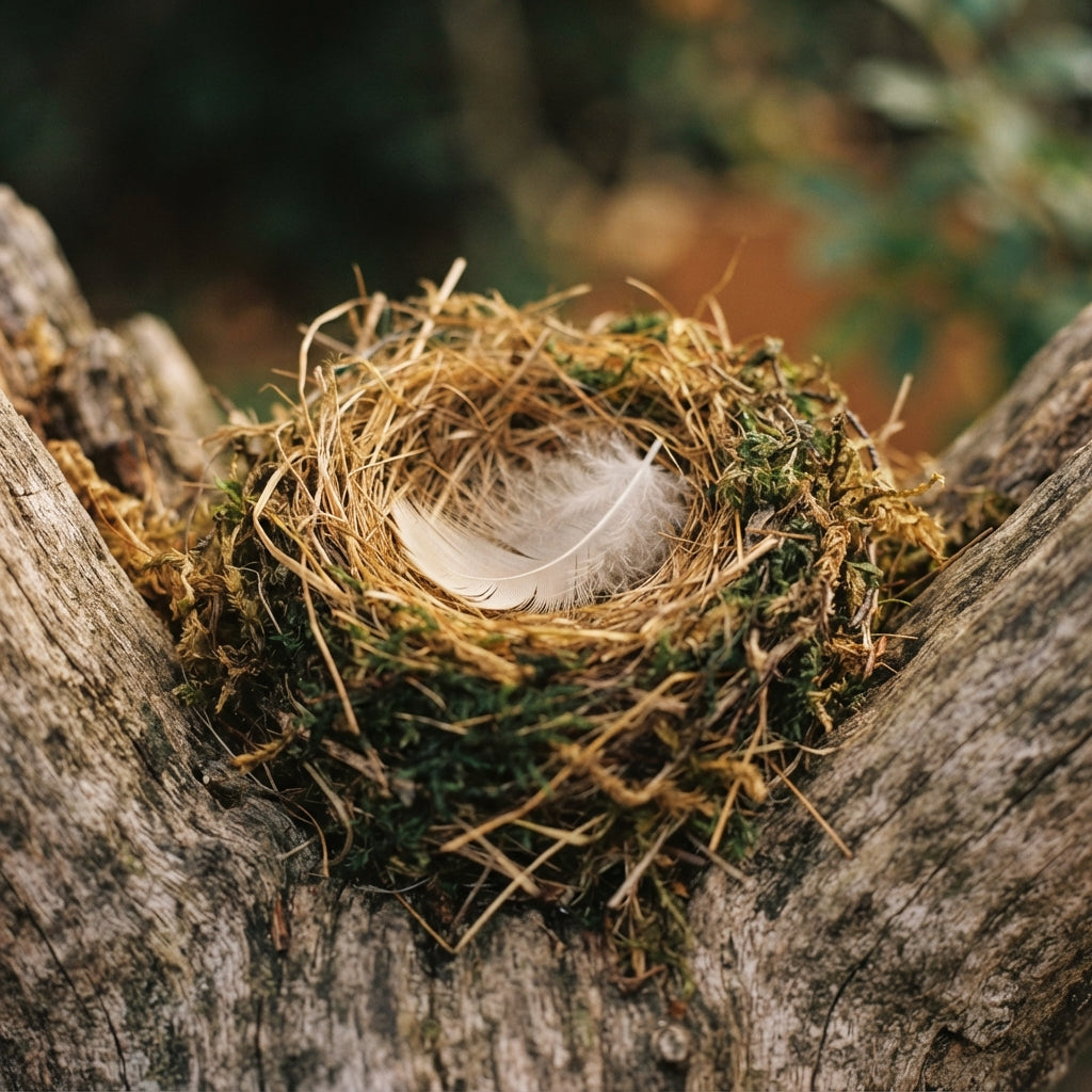 Dry grass, moss and a small downy feather on weathered wood, nesting material