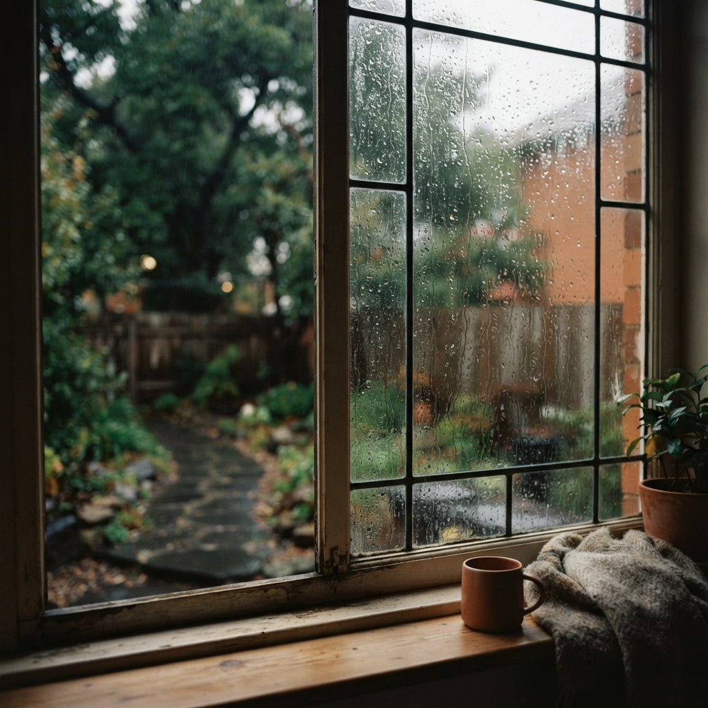 A rainy backyard seen through a window with water beading on the glass