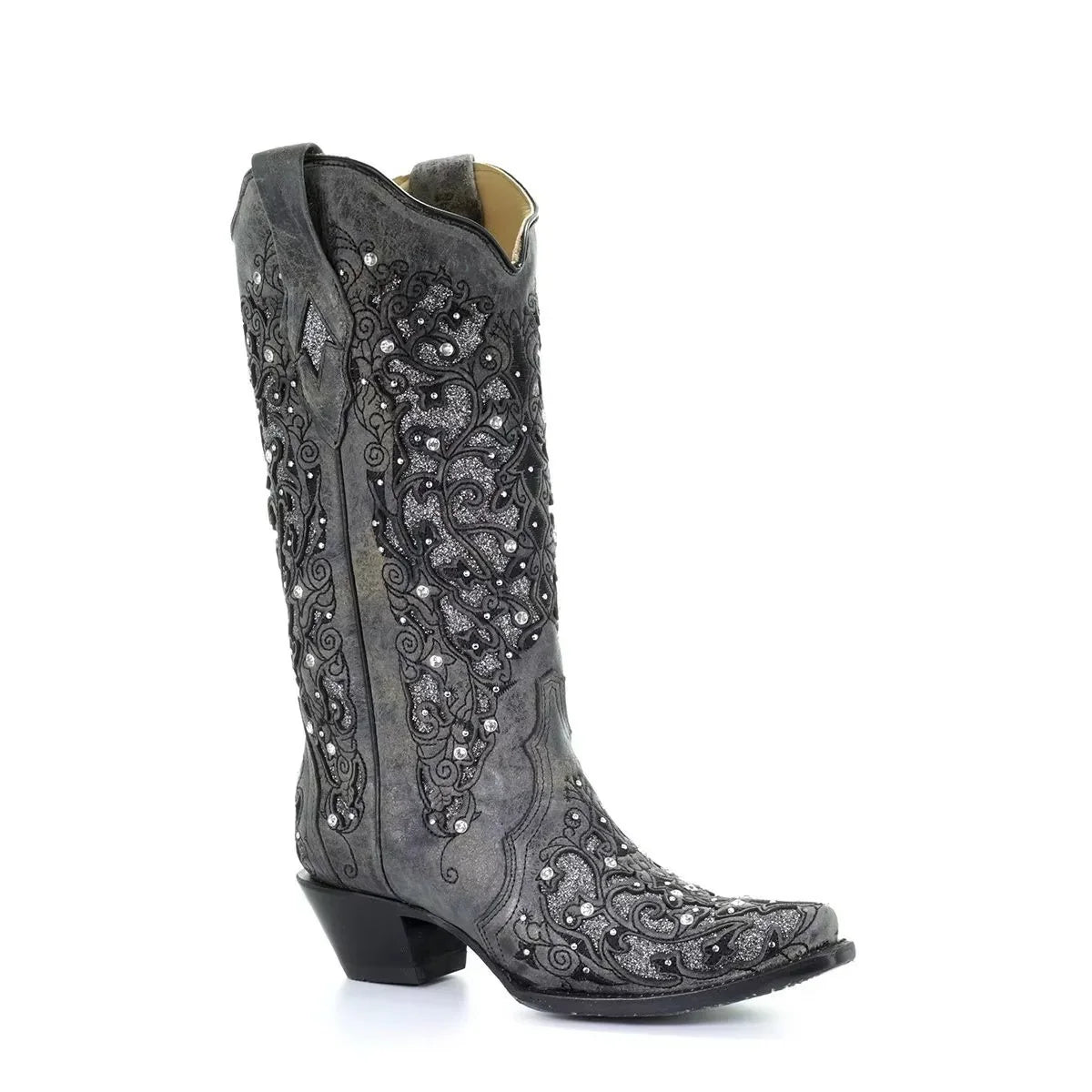 Sequined Retro Embroidered Long Boots with Pointed Toe and Color Block Heel