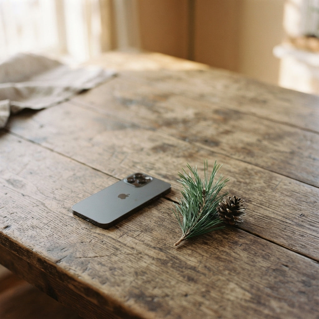 A smartphone face-down on a weathered oak table beside a pine sprig and pinecone