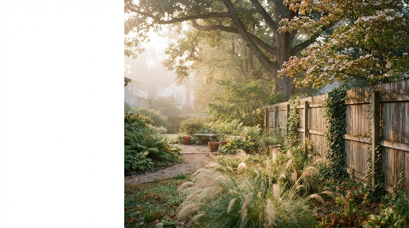 A suburban backyard at golden hour with mature trees and a weathered fence