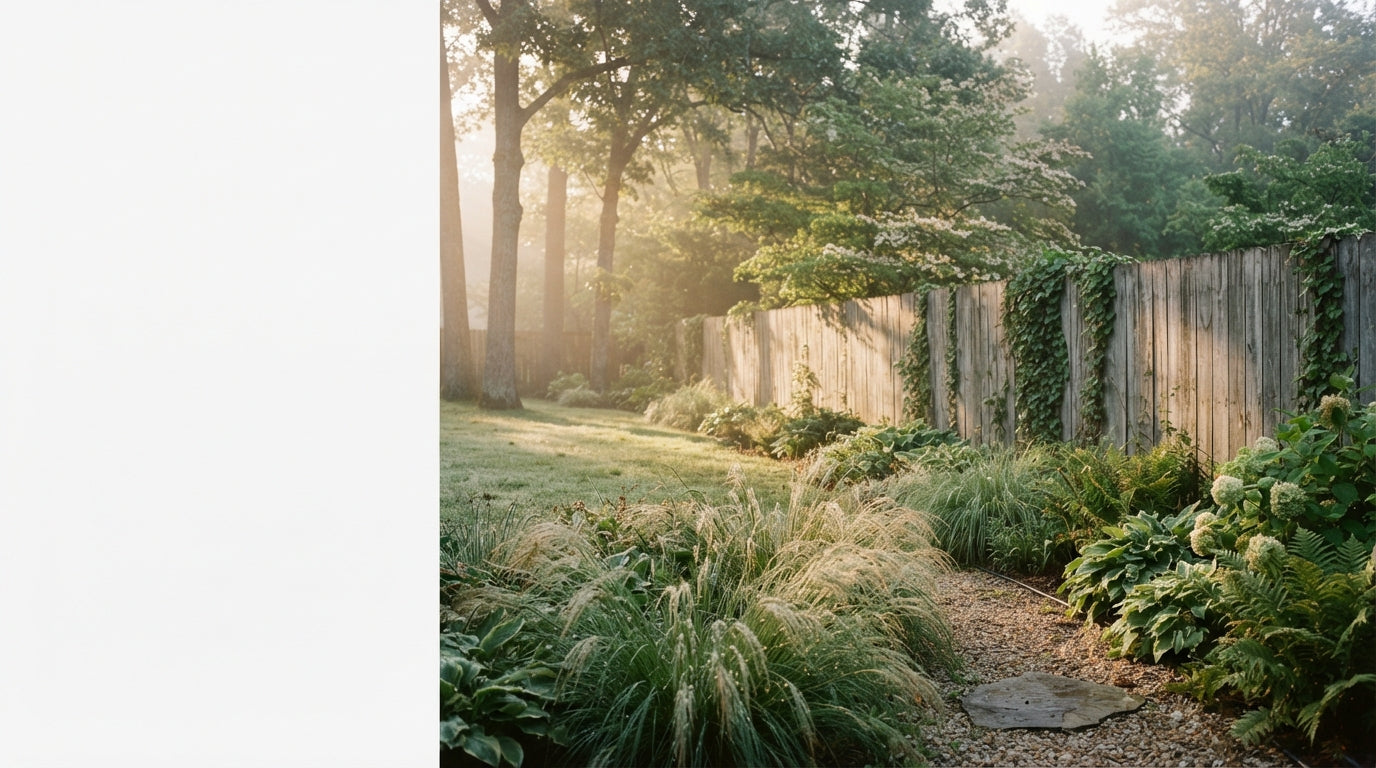 A wide suburban backyard with mature trees in soft morning light
