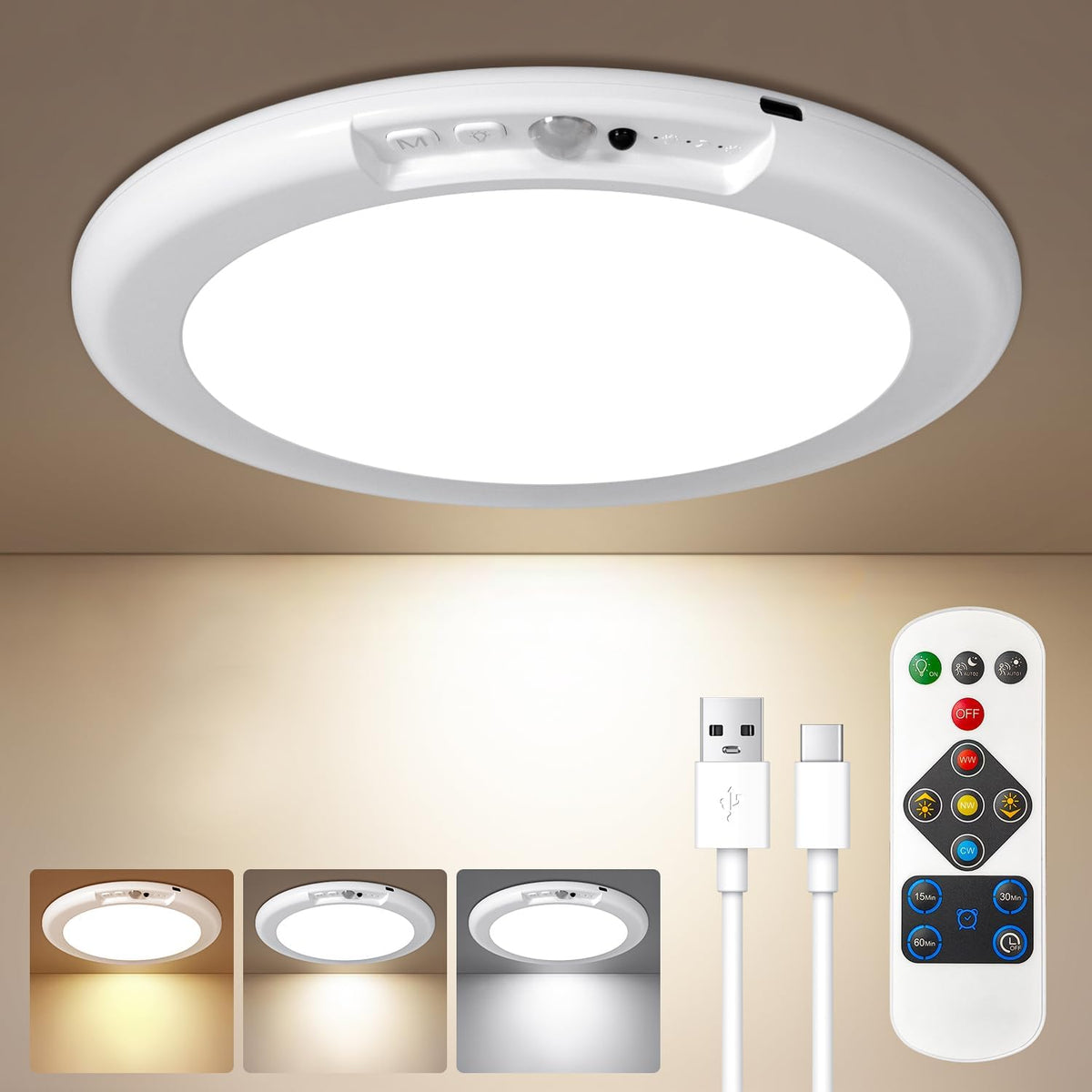 Rechargeable Motion Sensor Ceiling Light with Remote Control and Three Color Temperatures