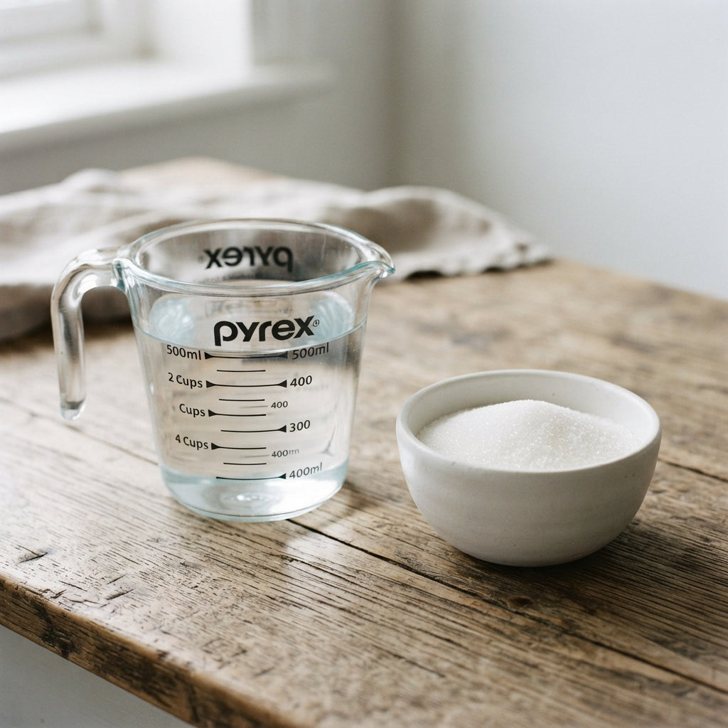 A glass jug of plain water beside a bowl of white sugar, dye-free hummingbird nectar