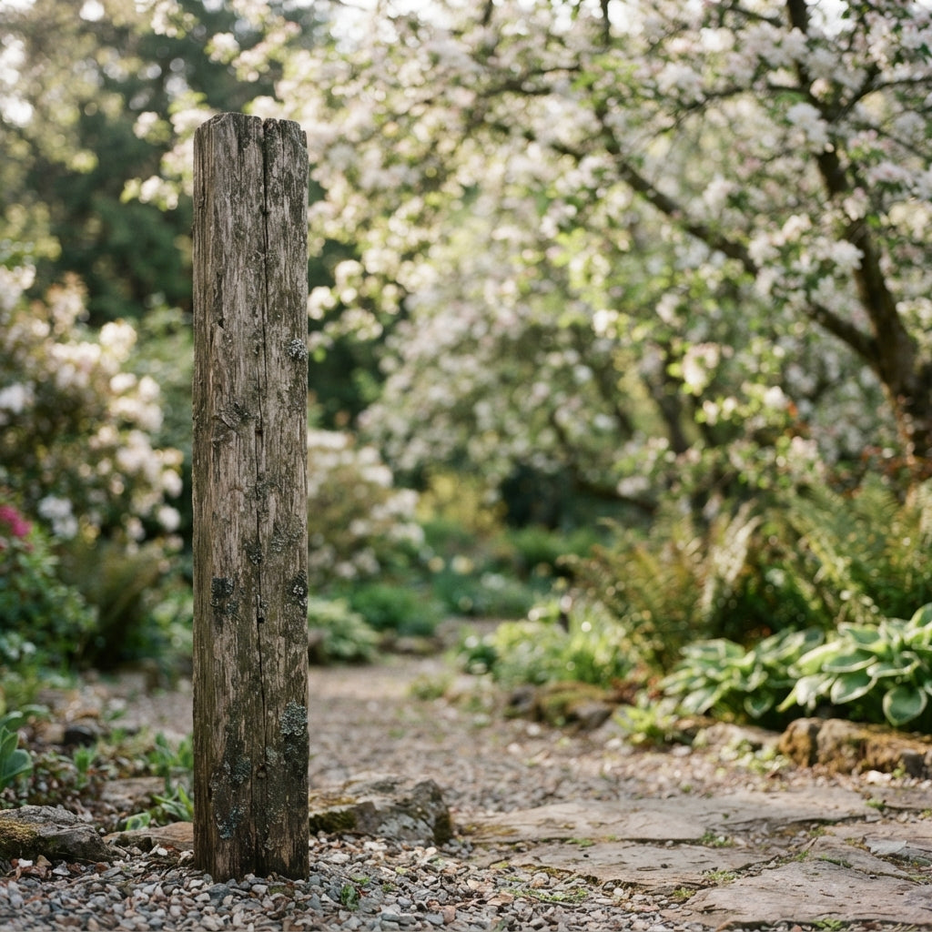A weathered wooden post at the edge of a spring garden with apple blossom behind