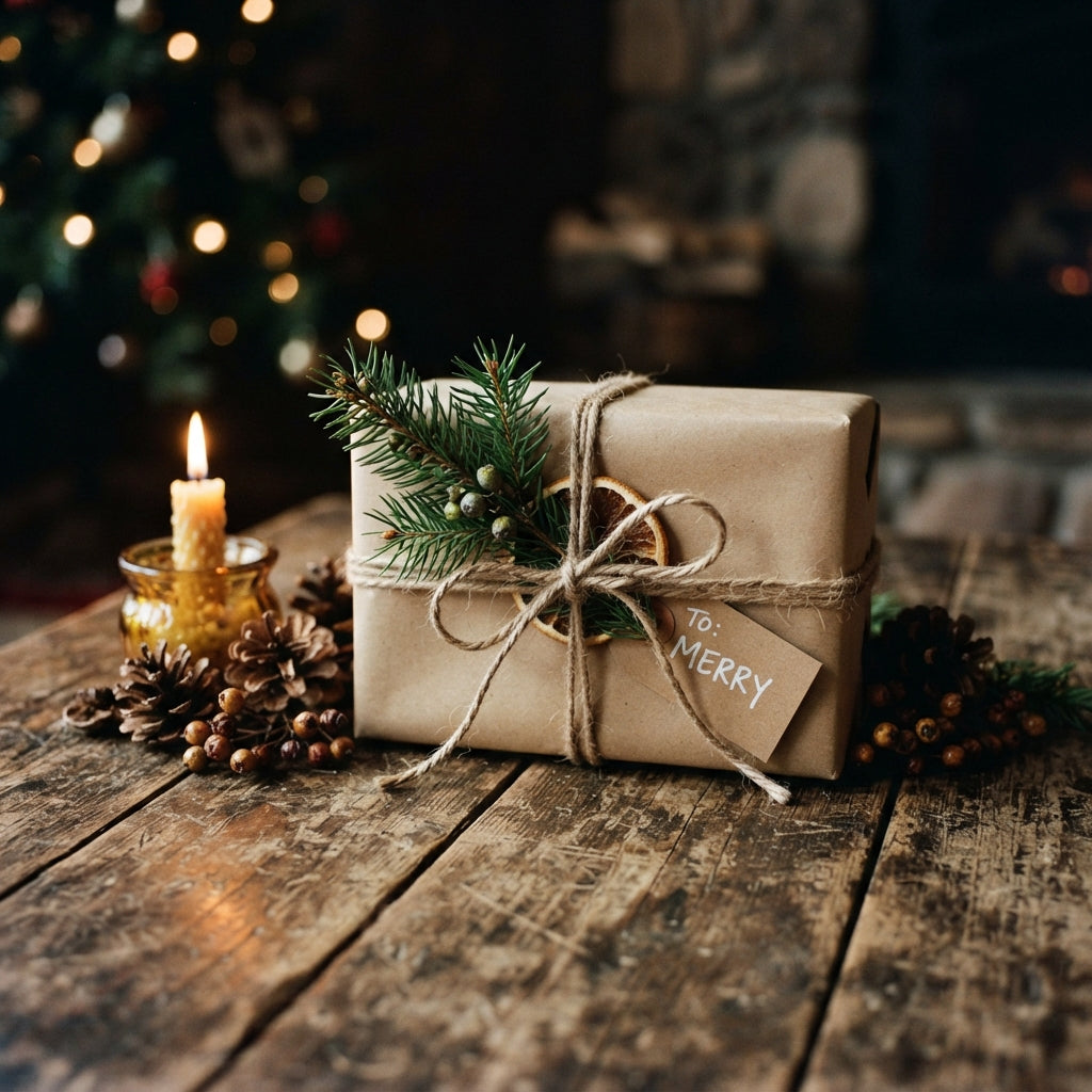 A gift wrapped in kraft paper with natural twine and an evergreen sprig