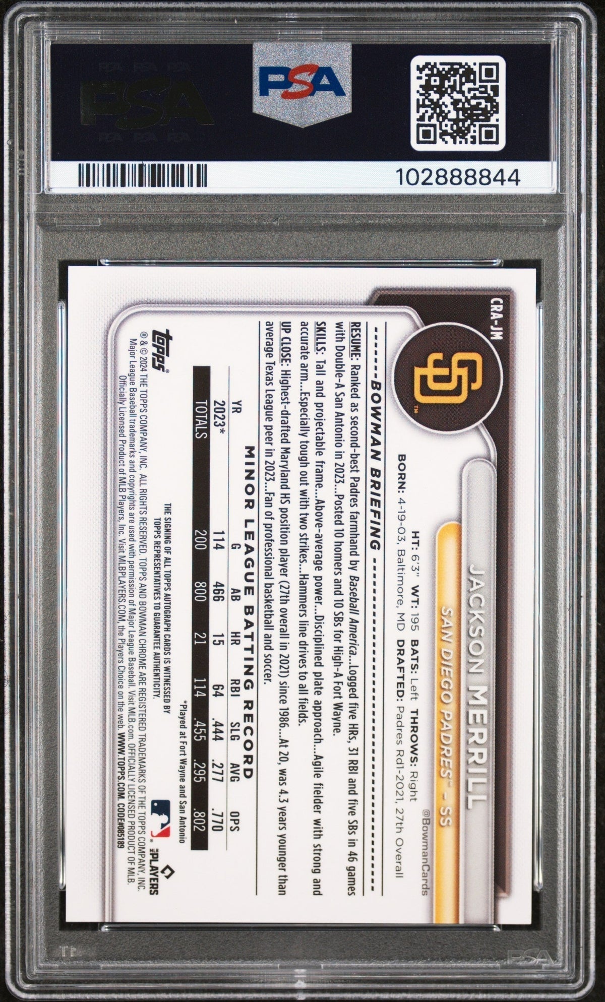 2024 Bowman Chrome Rookie Auto Jackson Merrill #CRAJM Gold Refractor PSA 10