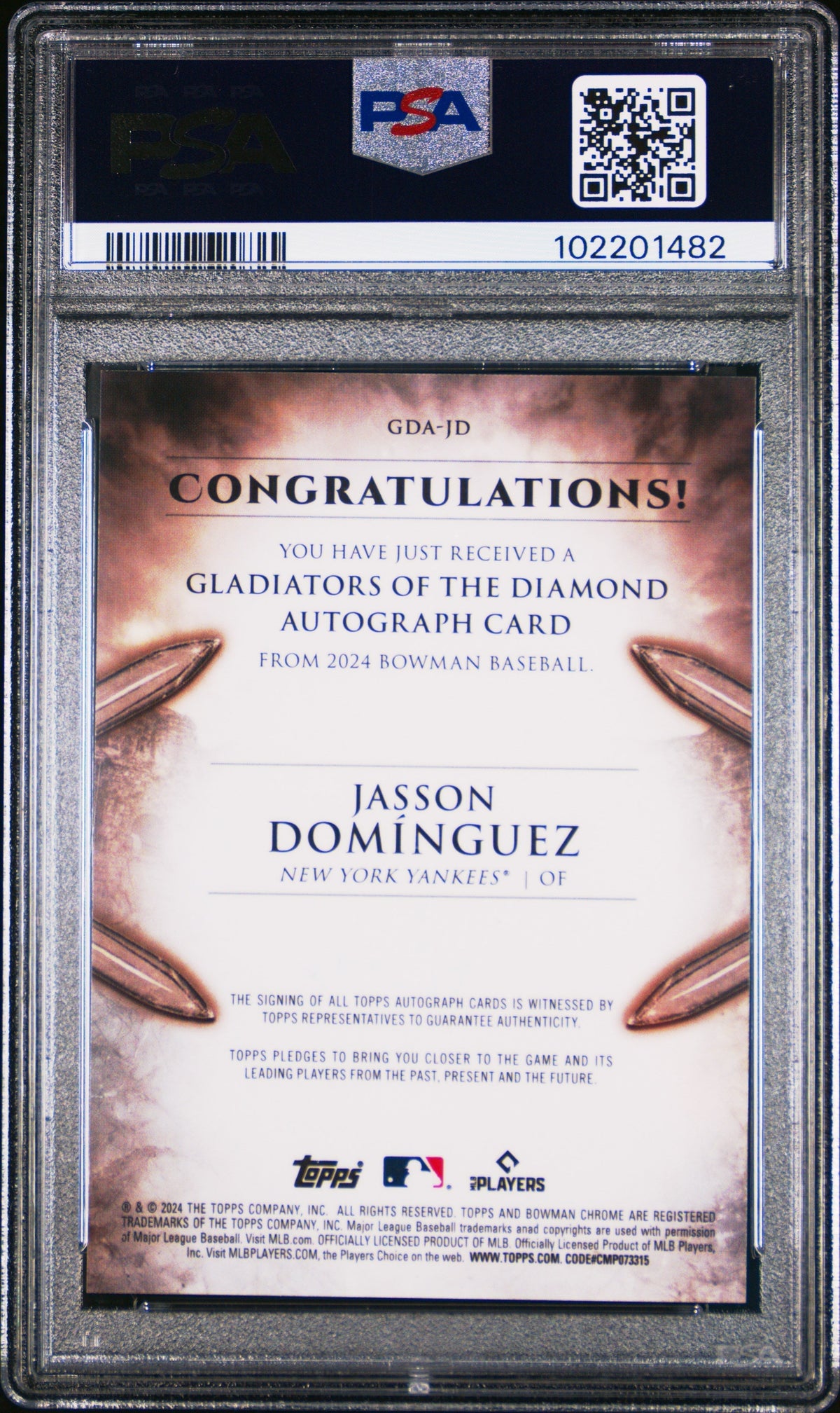 2024 Bowman Gladiators Diamond Auto Jasson Dominguez #GDAJD Gold 32/60 PSA 10