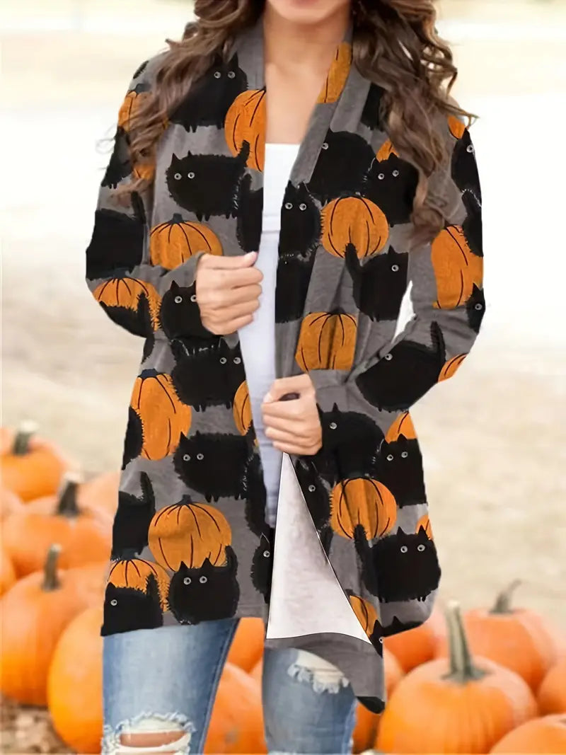 Women's Pumpkin Print Knitted Cardigan with Button Front and Full Sleeves