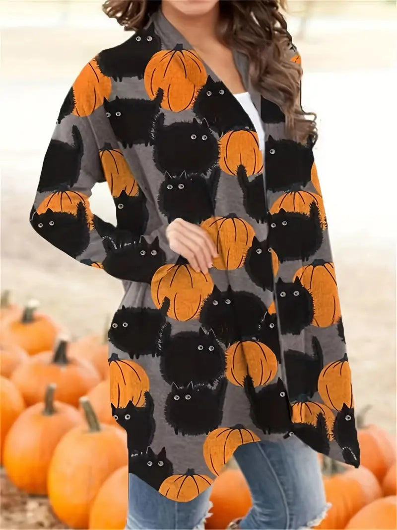 Women's Pumpkin Print Knitted Cardigan with Button Front and Full Sleeves