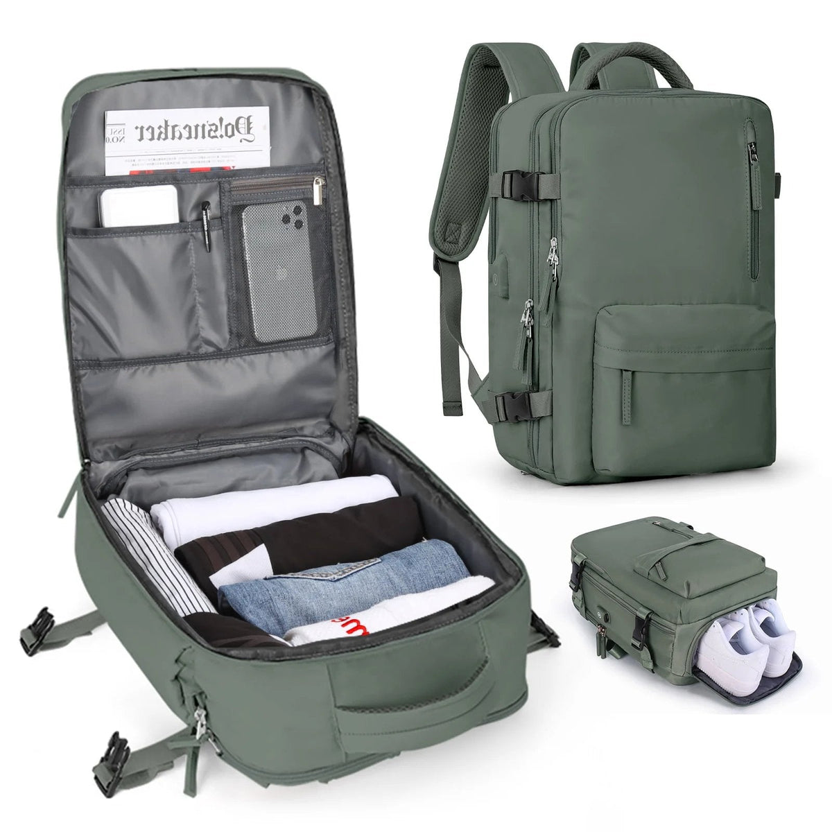 Travel Backpack 35L with USB Charging Port and Laptop Sleeves, Wet Storage, Shoe Compartment