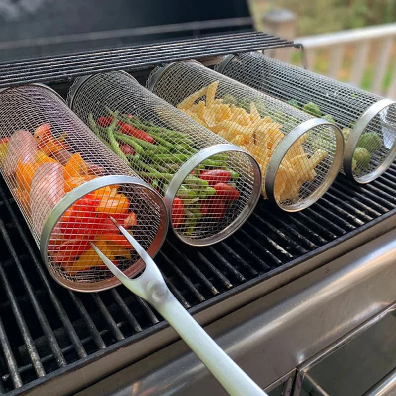 Rotating Grill Basket with Secure Latch and Stainless Steel Mesh, Dishwasher Safe