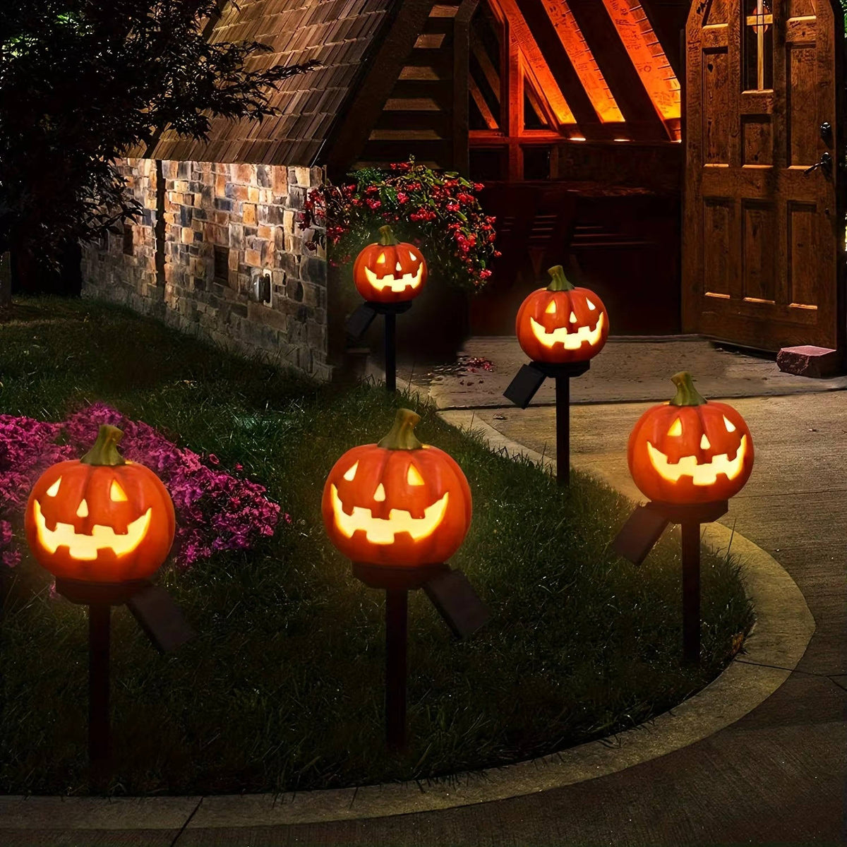 Solar Pumpkin Pathway Lights with Automatic Dusk Sensor and Warm White LED