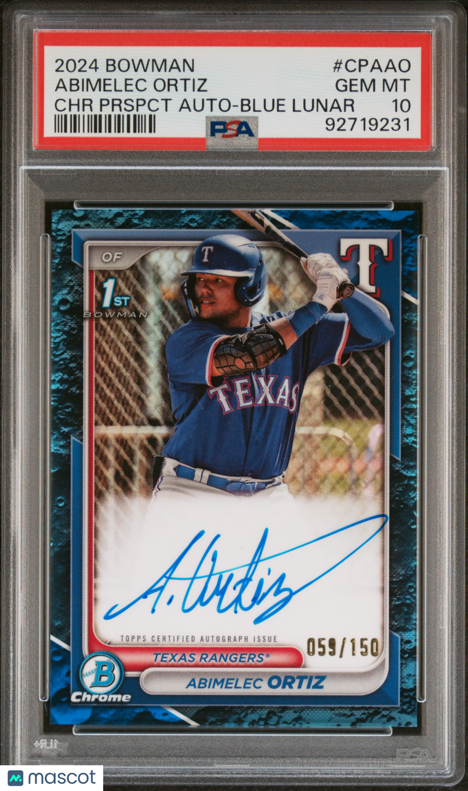 2024 Bowman Prospect Auto Abimelec Ortiz #CPAAO Blu Lunar Ref /150 PSA 10