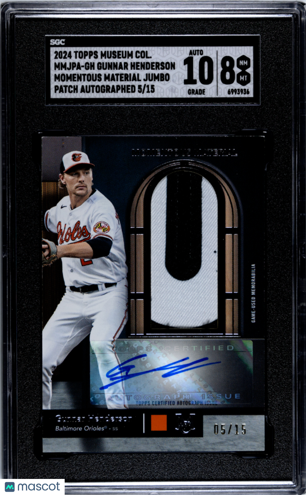 2024 Topps Museum Gunnar Henderson #MMJPA-GH Jumbo Patch SGC 8 Auto 10