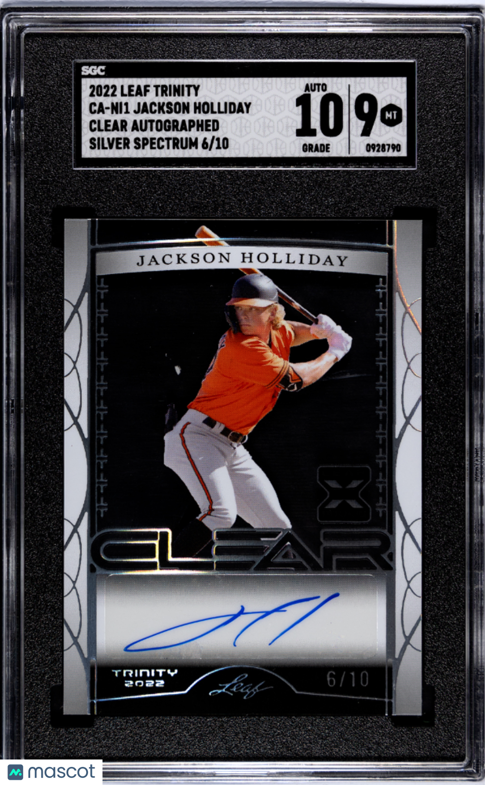 2022 Leaf Trinity Jackson Holliday #CA-NI1 Clear Silver SGC 9 Auto 10 #/10