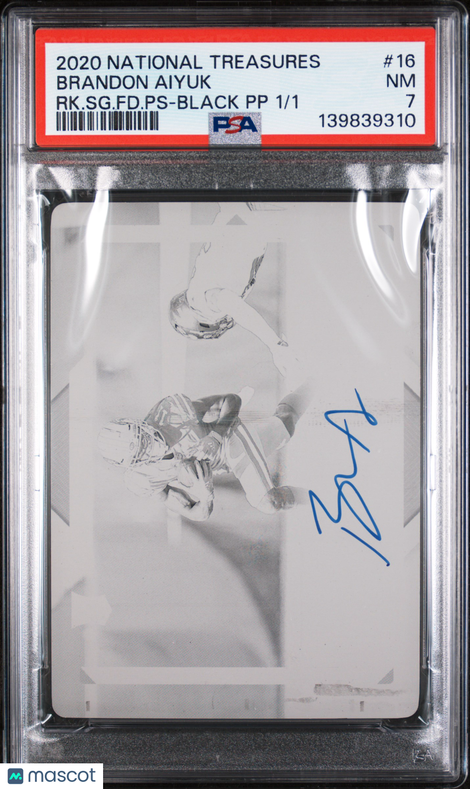 2020 Panini Rookie Pass Brandon Aiyuk #16 RK. SG. FD. PS Black PP 1/1 PSA 7