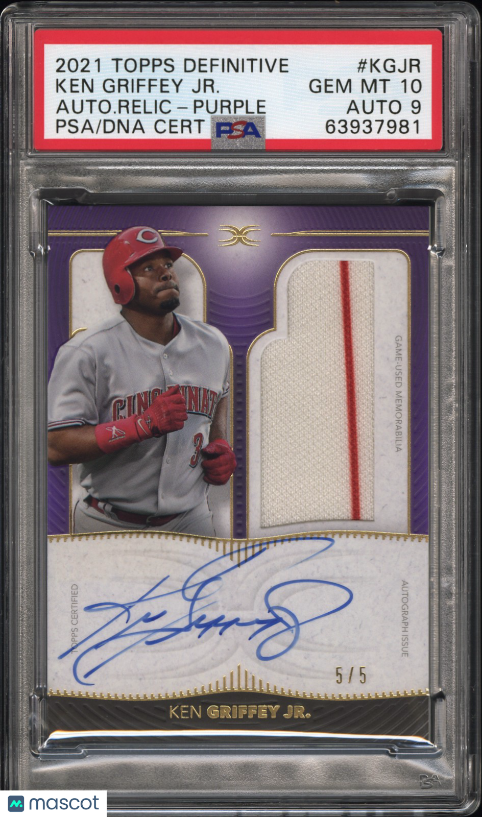 2021 Topps Definitive Auto Ken Griffey JR. #KGJR Auto Purple 5/5 PSA 10