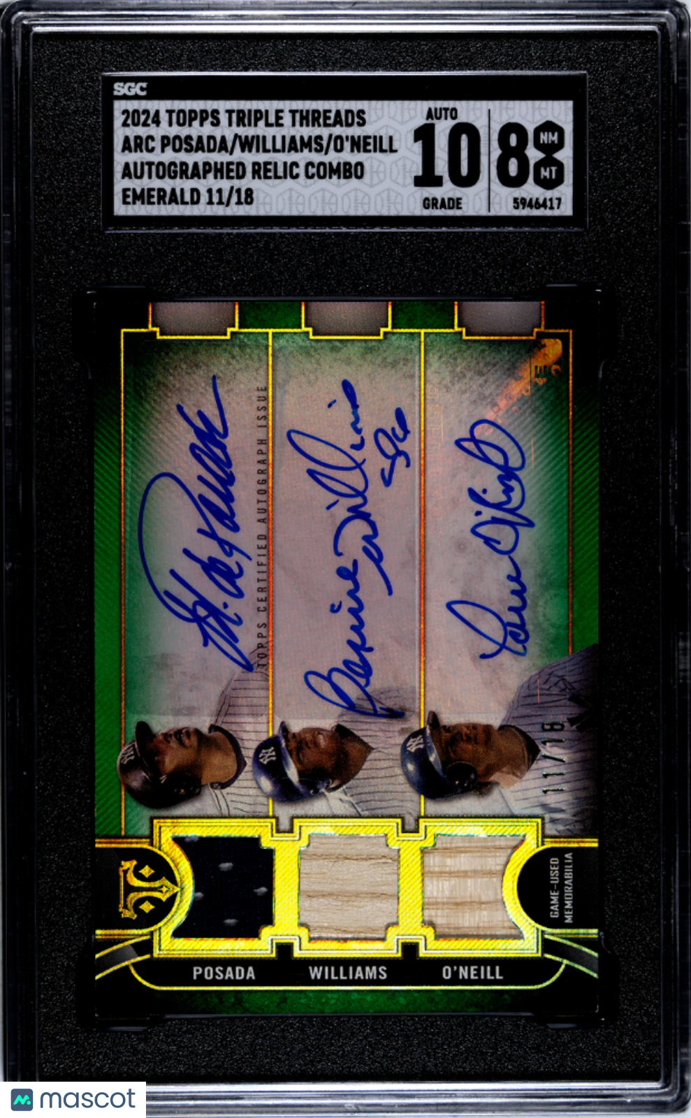 2024 Topps Triple Williams O'neill Posada Relic Combo Emerald SGC 8 Auto 10